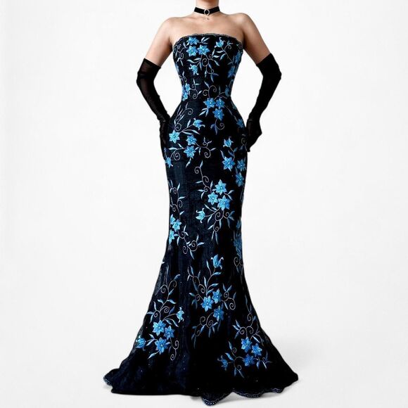 Vintage Black Blue Floral Beaded Strapless Maxi Bodycon Prom Dress Size XXS/XS - Picture 1 of 8